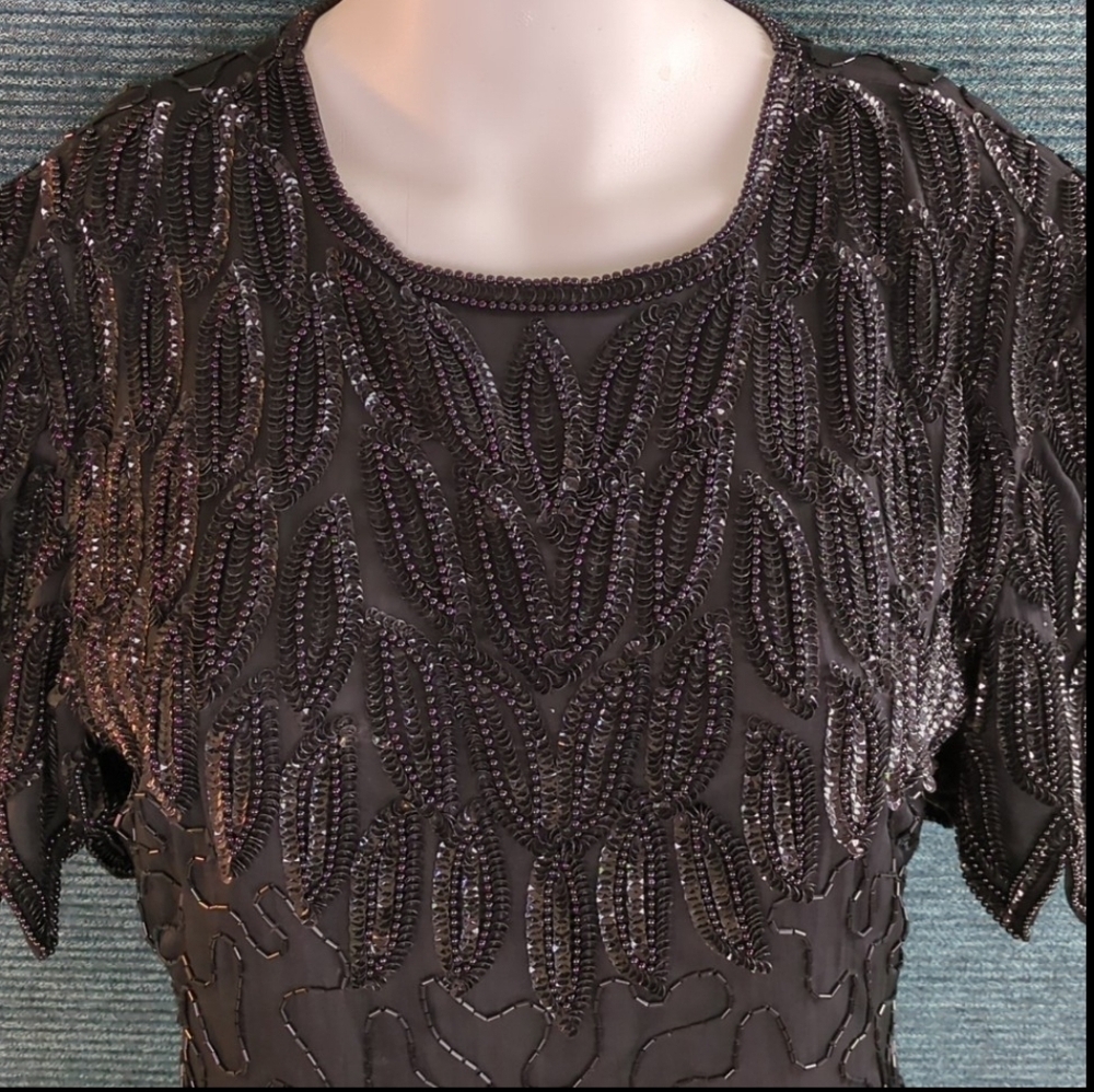 Vintage Laurence Kazar Beaded Silk Cocktail Dress 90s BEAUTIFUL! - Picture 6 of 17